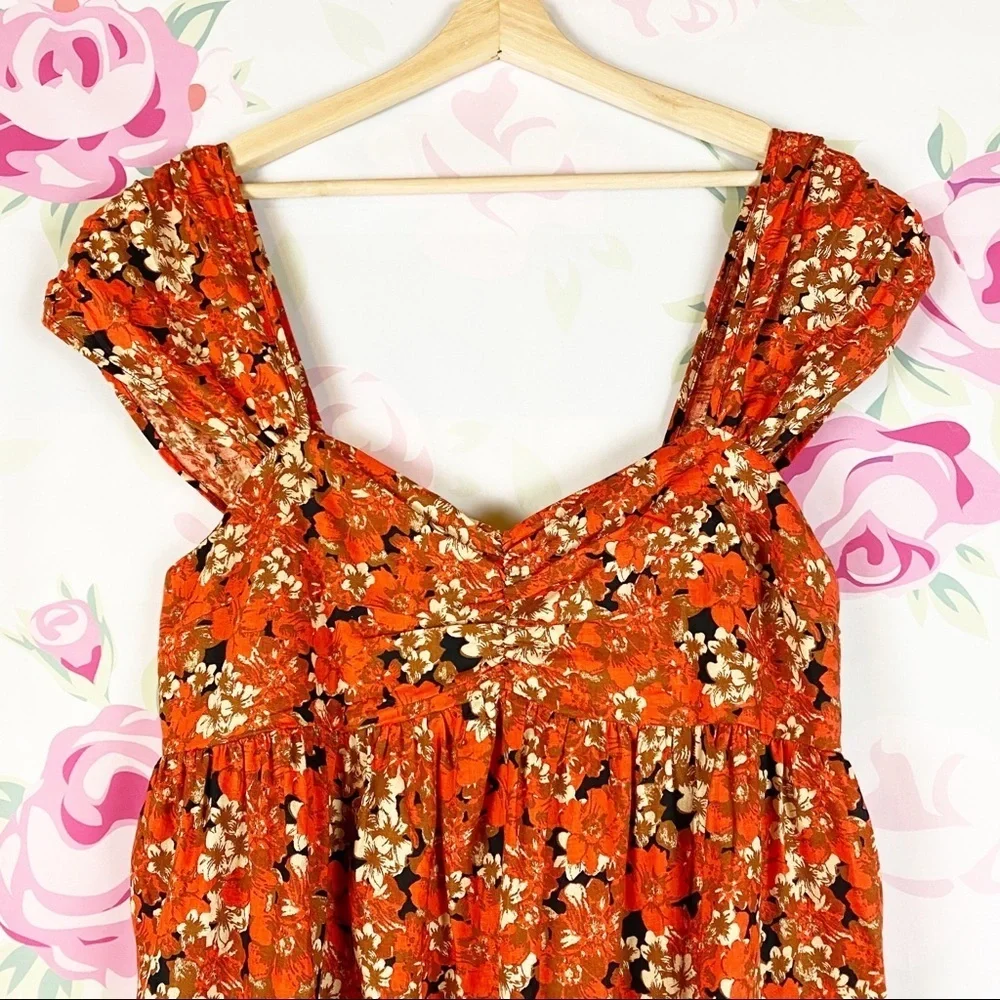 NEW Free People Orange Floral Pattern Play Linen Mini Dress L